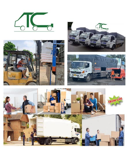 Ảnh ghép đội xe tải, nhân viên bốc xếp hàng hóa và kho hàng của Vận tải Tri Châu